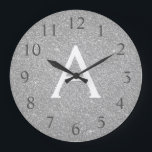 Relógio Grande Nome e inicial do monograma do Silver Sparkle Glit<br><div class="desc">Silver Sparkle Glitter Monogramas Name e First Serving Wall Clock. O Relógio de Parede é o presente perfeito para alguém que ama brilho e brilho.</div>