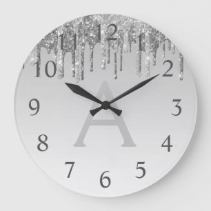 Relógio Grande Nome e inicial do monograma do Silver Sparkle Glit