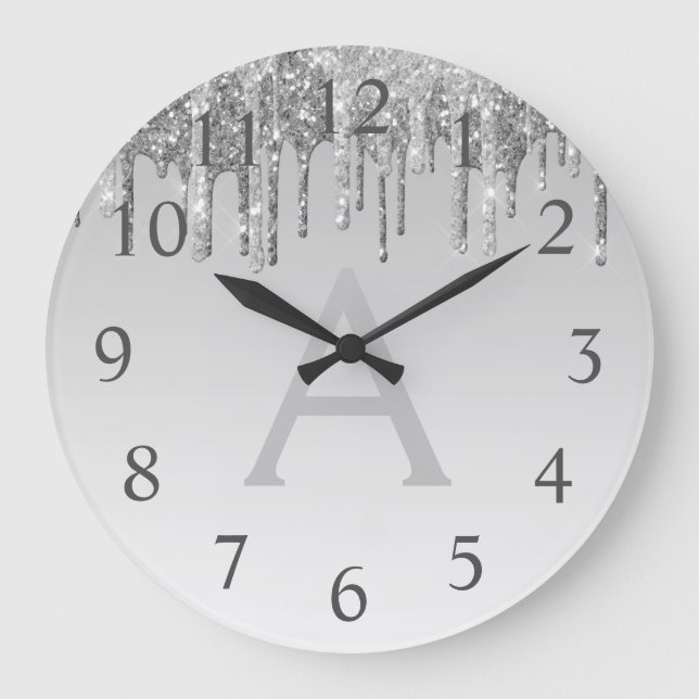 Relógio Grande Nome e inicial do monograma do Silver Sparkle Glit (Frente)