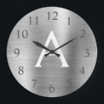 Relógio Grande Nome e inicial do monograma metálico prateado<br><div class="desc">Nome do Monograma Metálico de Silver Faux e Relógio de Parede de de Serviço Inicial. O relógio de parede faz o presente perfeito para alguém que ama aço inoxidável prateado.</div>