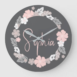Relógio Grande Nome Floral Personalizado Rosa