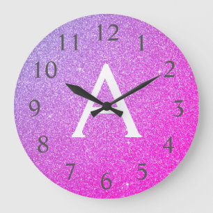 Relógio Grande Nome & Inicial do Monograma da Glitter Roxo