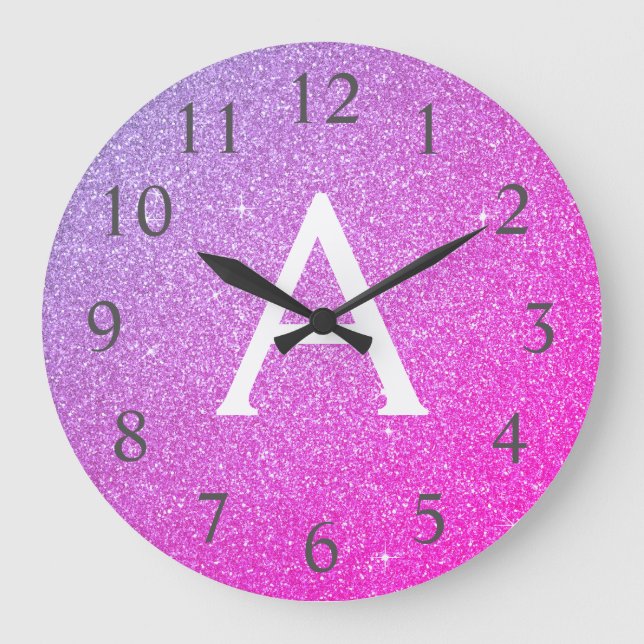 Relógio Grande Nome & Inicial do Monograma da Glitter Roxo (Frente)