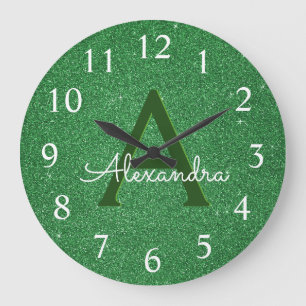 Relógio Grande Nome & inicial verdes do monograma do brilho da