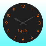 Relógio Grande Nome Laranja Clássico e Elegante Preto e Sunset<br><div class="desc">Black Clássico e Elegante e Neon Sunset Orange Name Large Clock</div>