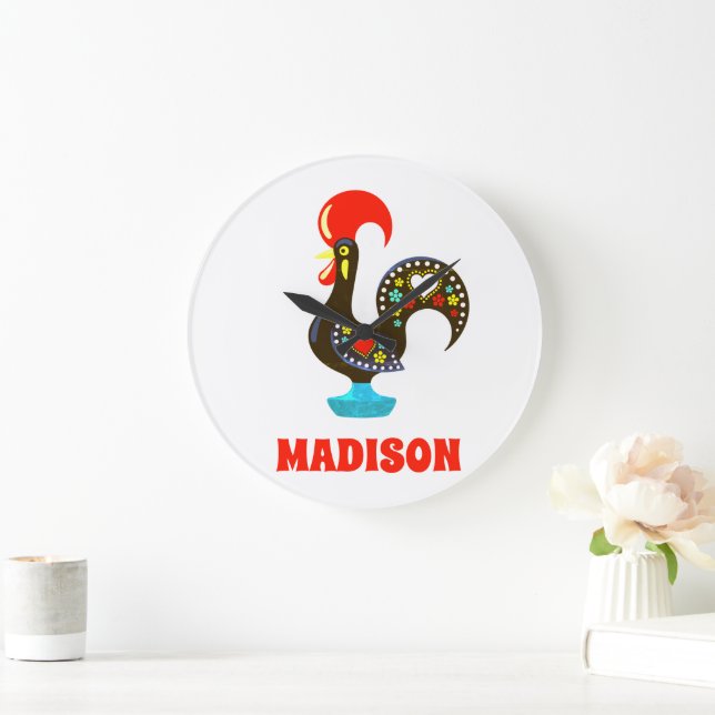 Relógio Grande Nome Personalizado Barcelos Português Rooster Pret (Lar)