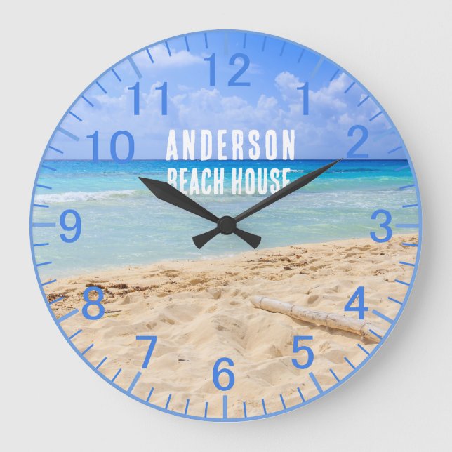 Relógio Grande Nome Personalizado Blue Sand Beach Clock (Frente)
