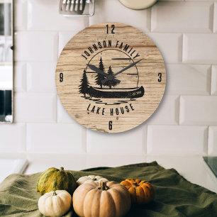 Relógio Grande Nome Personalizado da Família Rustic Lake House