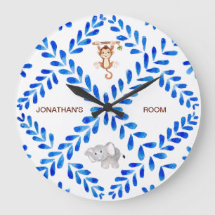 Relógio Grande Nome personalizado do elefante macaco azul e branc