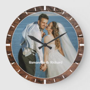 Relógio Grande Nome Personalizado Foto de Casamento Madeira Escur