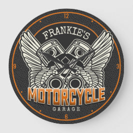 Relógio Grande Nome Personalizado Pistões Asas Motociclismo Garag