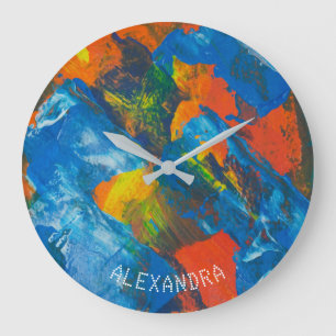 Relógio Grande Nome Verde Amarelo Laranja abstrato Azul Personali