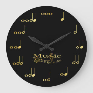 Relógio Grande Notas de música - A música é a vida - Preto e Dour
