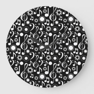 Relógio Grande Notas e Clefs de Música - Branco em Preto