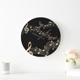 Relógio Grande Notas Musicais Douradas em Preto Médio