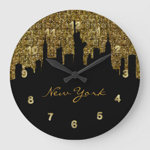 Relógio Grande Nova Iorque Skyline   Ouro Confetti Glitter