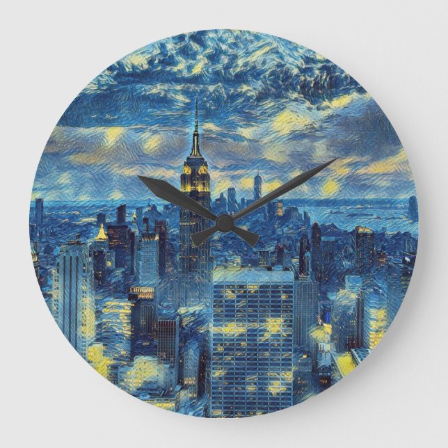 Relógio Grande Nova Iorque Skyline Van Gogh Starry Night Art (Frente)