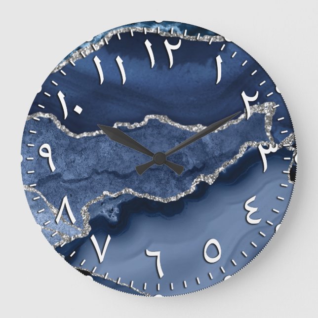 Relógio Grande Numerações árabes de mármore azul e prateado (Frente)
