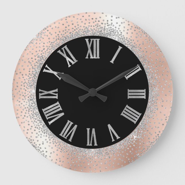 Relógio Grande Números Black Rosa Roman de Cristais de Prata de c (Frente)