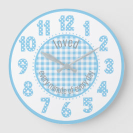 Relógio Grande Números de Bolinhas de Gingham Azul Baby Nursery C