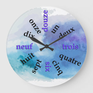 Relógio Grande Números de Francófono Blue Watercolor Round Clock
