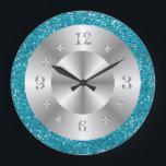 Relógio Grande Números de prata Na moda Turquesa Azul Brilhante<br><div class="desc">Um relógio na moda brilhante em prata e azul turquesa.</div>