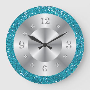 Relógio Grande Números de prata Na moda Turquesa Azul Brilhante