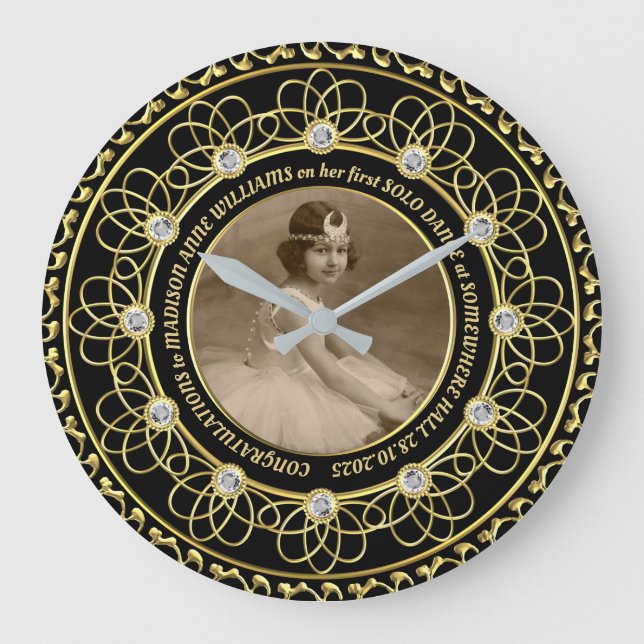 Relógio Grande Números Diamantes Foto Dourada Comemorativa Negra (Frente)