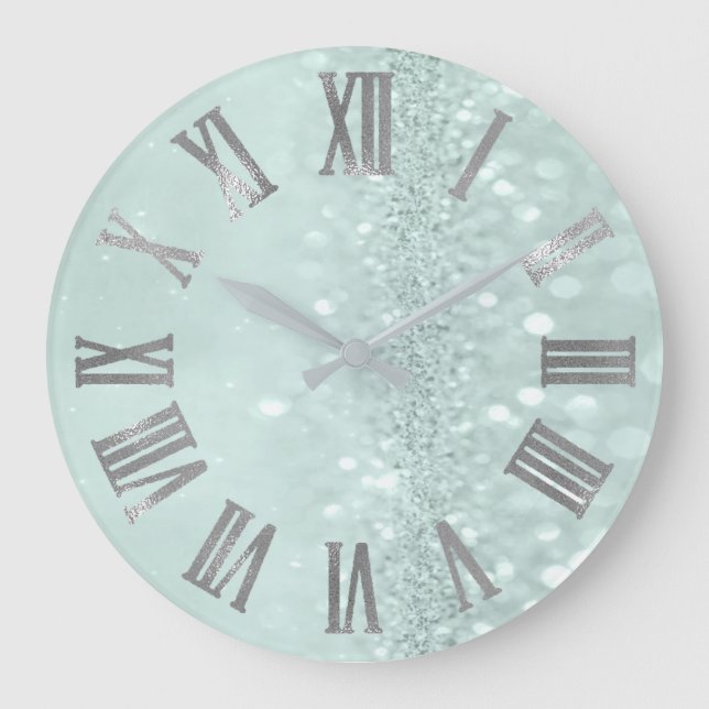 Relógio Grande Números romanos das Cinzas Glitter de Prata Verde  (Frente)