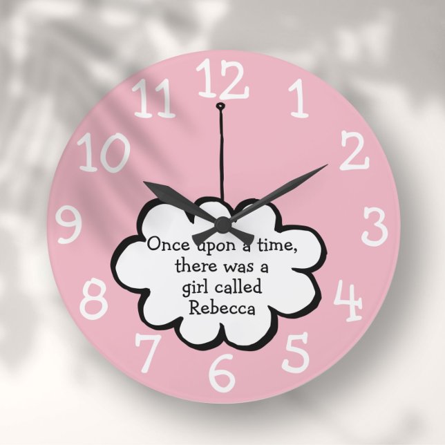 Relógio Grande Nuvem em uma Sequência Diversão Personalizada Rosa (Cute Cloud on a String Fun Personalized Pink Large Clock)