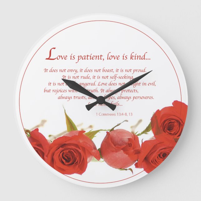 Relógio Grande O Amor é Paciente Rosa Vermelha (Frente)