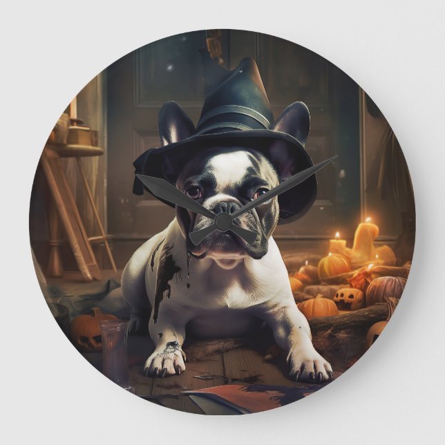 Relógio Grande O Bulldog Francês Pumpkins Halloween Assustado (Frente)