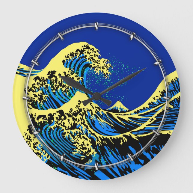 Relógio Grande O Excelente Hokusai Wave no estilo Pop Amarelo Azu (Frente)