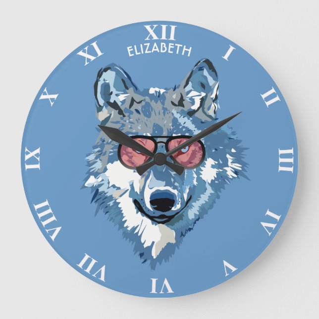 Relógio Grande O lobo azul psicadélico com óculos de sol (Frente)