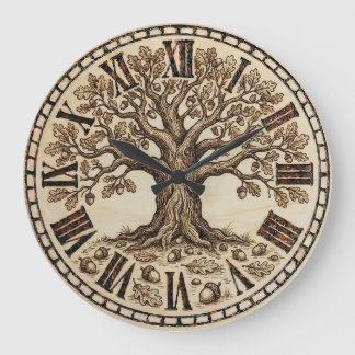 Relógio Grande Oak Tree Wall Clock – Wood-Burned Rustic Style