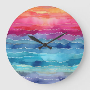 Relógio Grande Oceano Ondas Aquarela Arco-Íris Escuro Inspirado
