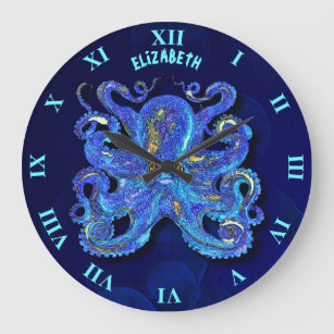 Relógio Grande Octopus Azul Colorido Psicodélico Com Olhos Marron
