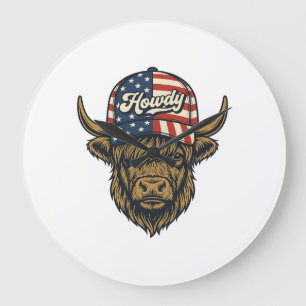Relógio Grande Olá Vaca das Terras Altas Patriótico Vintage Desen