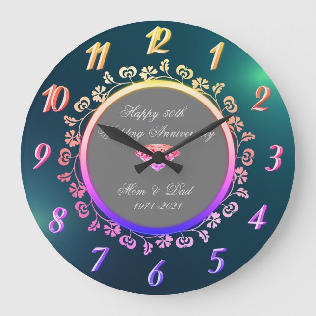 Relógio Grande Ombre Floral Swirls, Verde 50º Casamento (Frente)