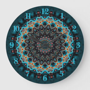 Relógio Grande Orange Blue Teal Black Mandala Boho Art