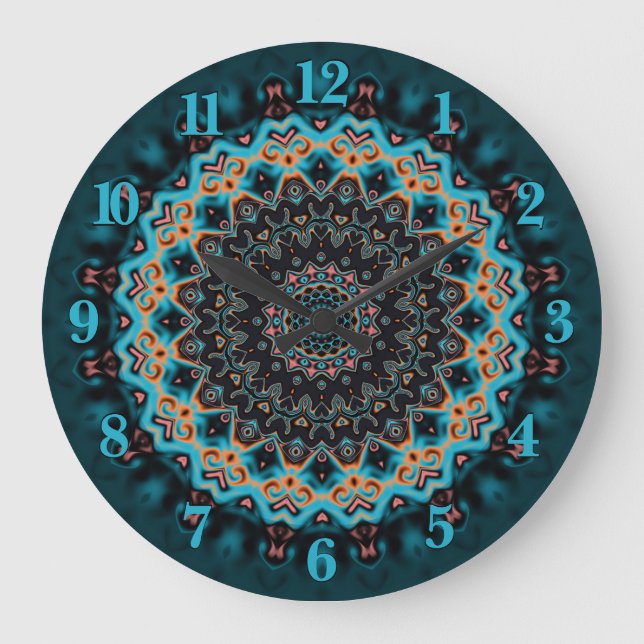 Relógio Grande Orange Blue Teal Black Mandala Boho Art (Frente)