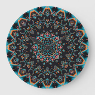 Relógio Grande Orange Blue Teal Black Mandala Boho Art