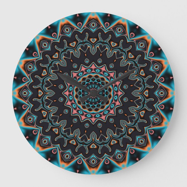 Relógio Grande Orange Blue Teal Black Mandala Boho Art (Frente)