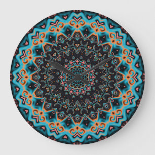 Relógio Grande Orange Blue Teal Black Mandala Boho Art