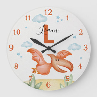 Relógio Grande Orange Dinosaur Nursery Wall Clock Personalized