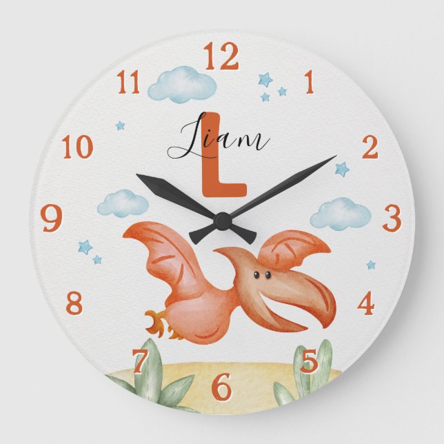 Relógio Grande Orange Dinosaur Nursery Wall Clock Personalized (Frente)