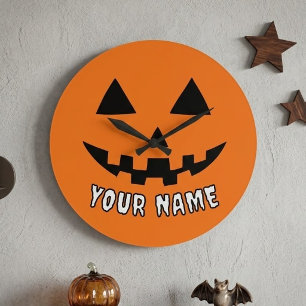 Relógio Grande Orange Pumpkin Personalizado Halloween Seu Nome