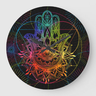 Relógio Grande Ornamentado hamsa: padrão de neon desenhado à mão.