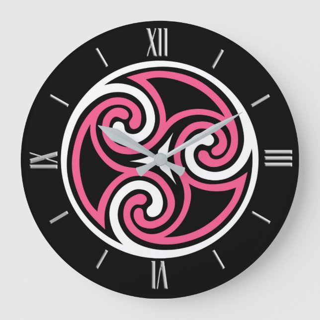 Relógio Grande Ornamento Celtic Triskele, Fuchsia, Preto e Branco (Frente)