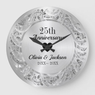 Relógio Grande Ornamento Floral de Prata